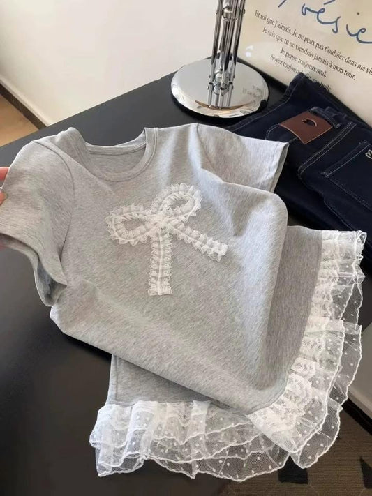Comfortable, good-looking and photogenic! Korean style lace skirt splicing short-sleeved T-shirt for women in summer, a versatile top for petite girls