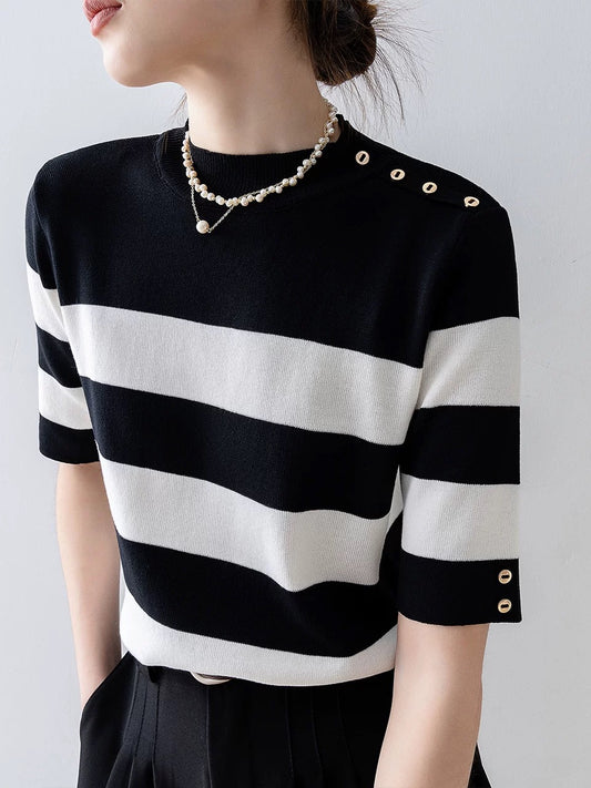 2025 Summer Women's New Half Sleeve Knitted Sweater Black and White Striped Round Neck T-shirt Bottoming Shirt Top