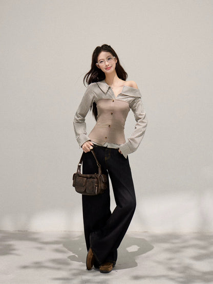 Xie Burou, Faux Two-Piece Plaid Patchwork Long-Sleeve T-Shirt for Women, Spring/Summer, Korean Style, Fashionable, Versatile, Slim Fit Top