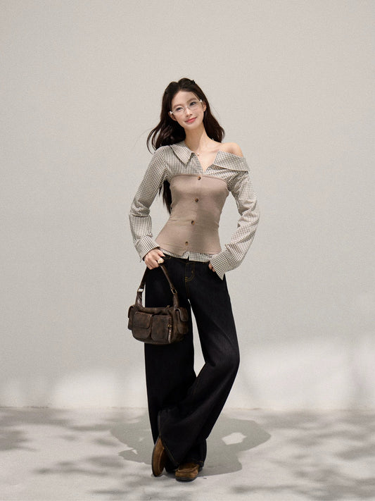 Xie Burou, Faux Two-Piece Plaid Patchwork Long-Sleeve T-Shirt for Women, Spring/Summer, Korean Style, Fashionable, Versatile, Slim Fit Top