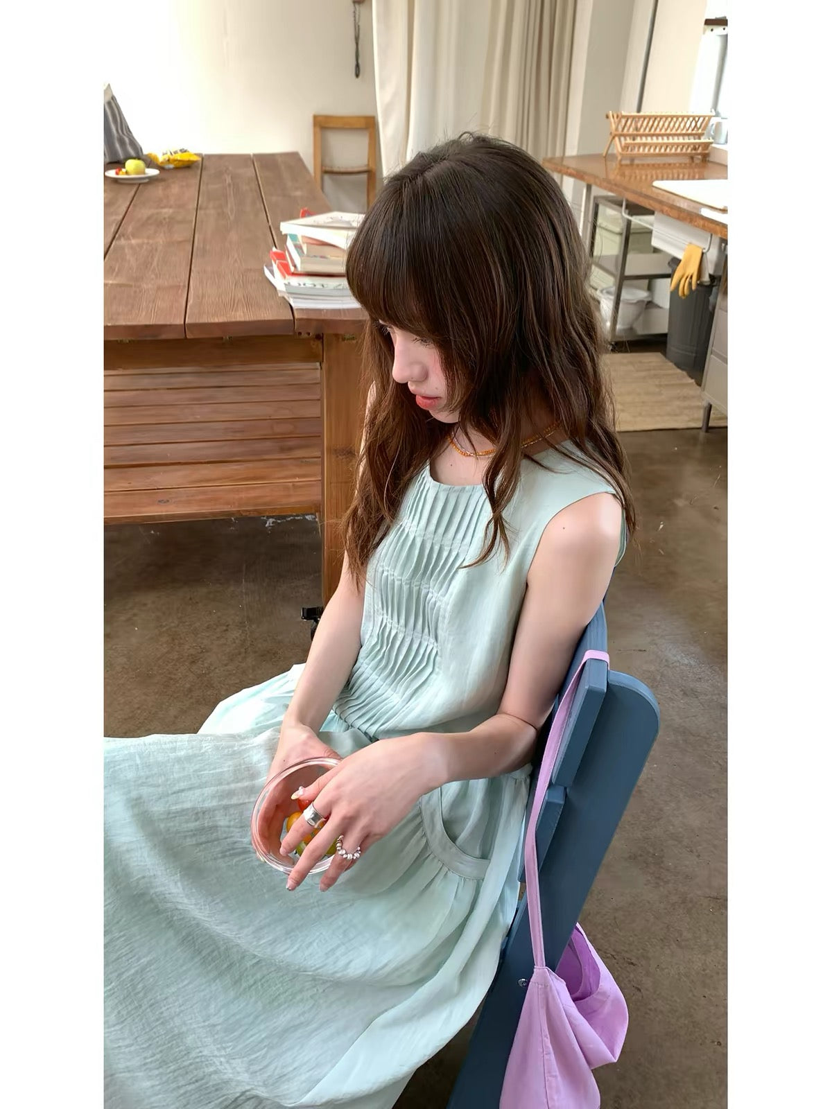 RAINY Sleeveless Maxi Dress – Loose, Pleated, Round-Neck Style with Pockets; Fresh & Airy Summer Look