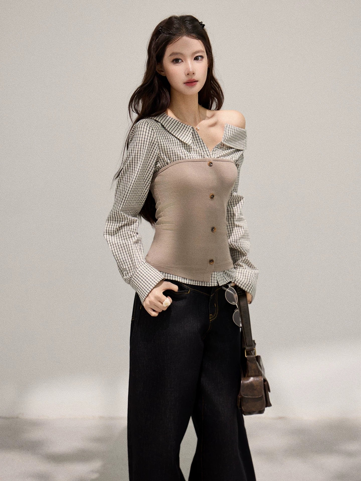 Xie Burou, Faux Two-Piece Plaid Patchwork Long-Sleeve T-Shirt for Women, Spring/Summer, Korean Style, Fashionable, Versatile, Slim Fit Top