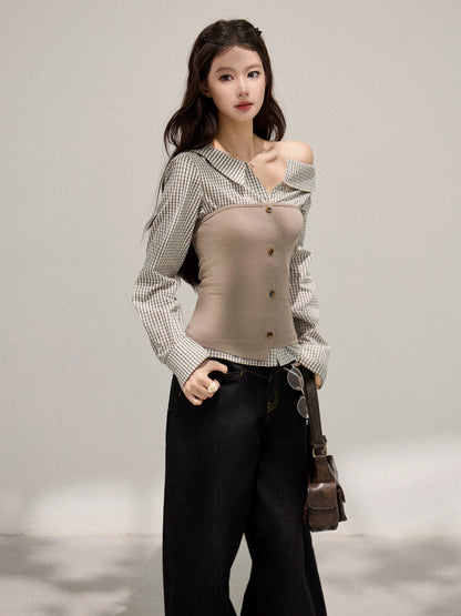Xie Burou, Faux Two-Piece Plaid Patchwork Long-Sleeve T-Shirt for Women, Spring/Summer, Korean Style, Fashionable, Versatile, Slim Fit Top
