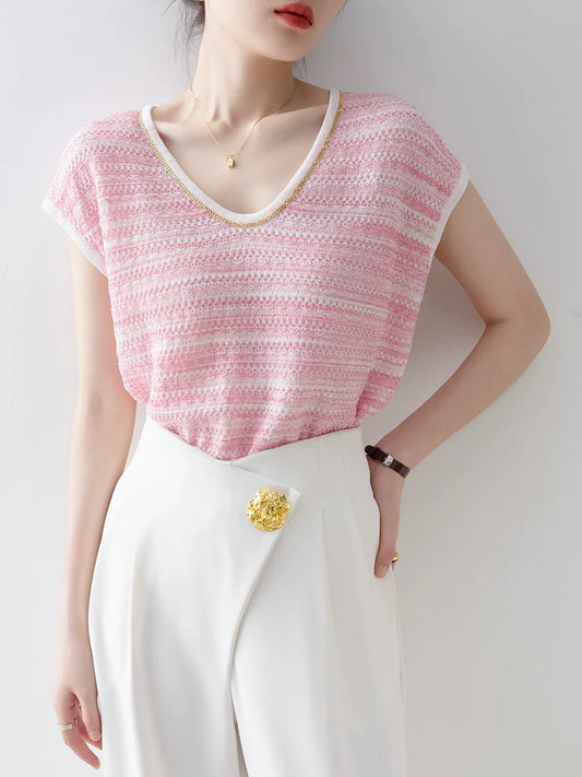 Pink round neck short-sleeved T-shirt for women 2024 new summer straight shoulder loose niche unique knitted top