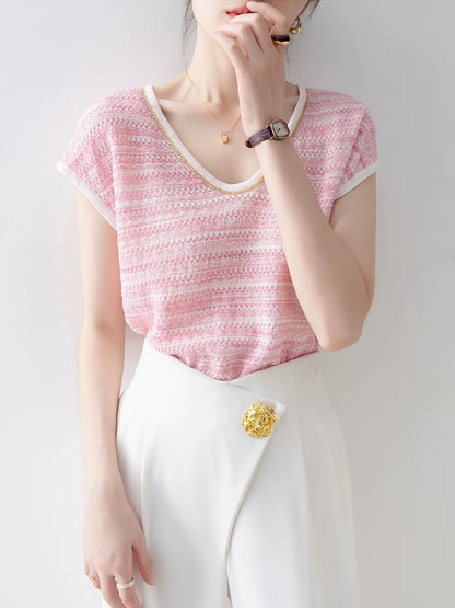 Pink round neck short-sleeved T-shirt for women 2024 new summer straight shoulder loose niche unique knitted top
