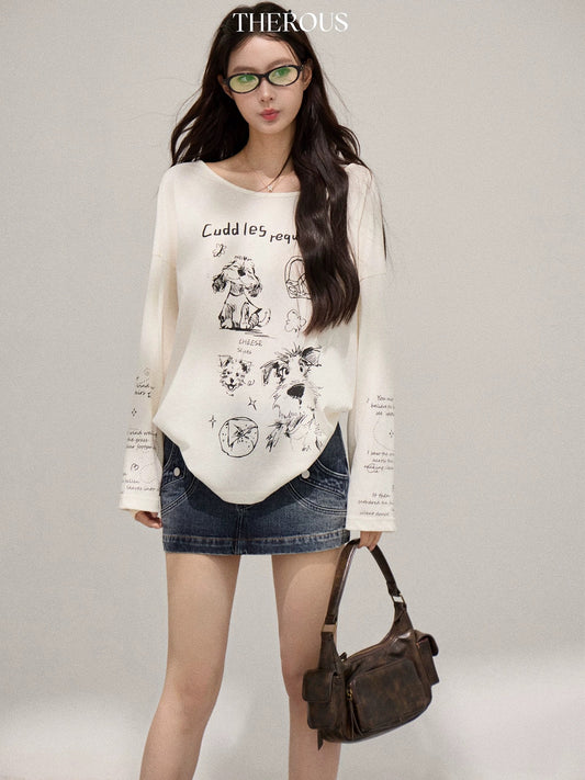 Xie Burou White Printed Off-Shoulder Thin Long-Sleeve T-Shirt Women's Spring/Summer Lazy Loose Casual Versatile Off-Shoulder Top