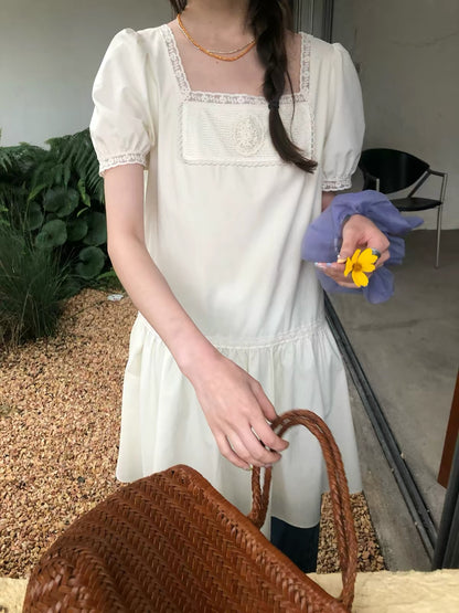 RAINY Soft French-Style Crochet Jacquard Dress – Women's Summer Long Dress with Square Neck and Lace Cut-Out Details