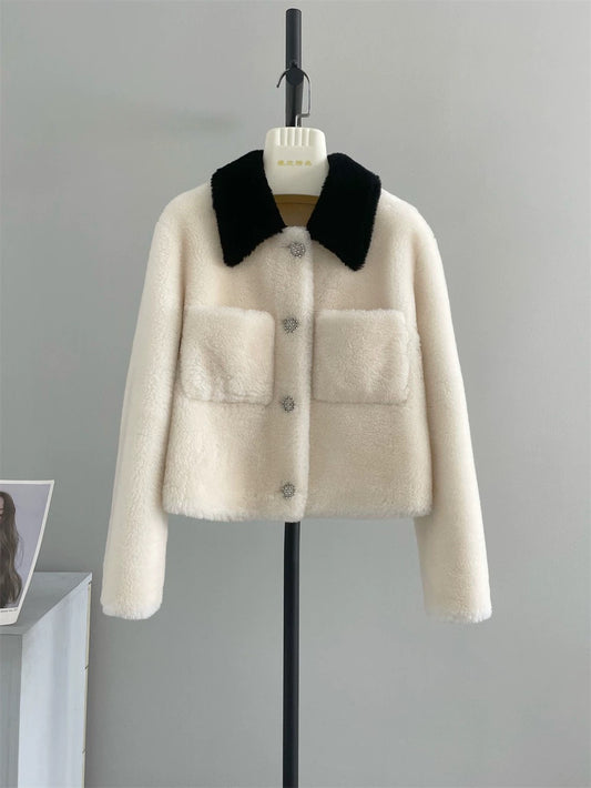 Ear lapel 2022 autumn and winter small fragrant sheep shearling lamb short grain fur coat fur one-piece female A074