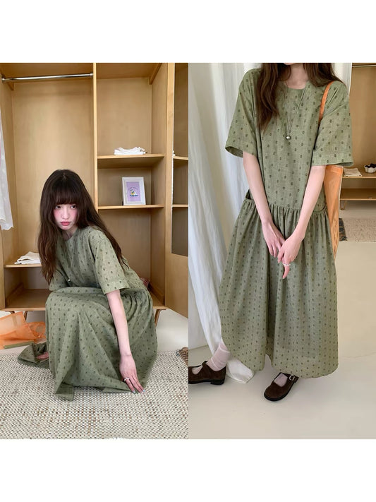 RAINY French-style sweet & casual round-neck pocket dress – a vintage, refined polka-dot maxi dress for women (Summer).