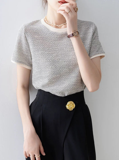Short-sleeved straight shoulder T-shirt for women 2025 new hot style summer gray hot girl round neck temperament unique top super good-looking