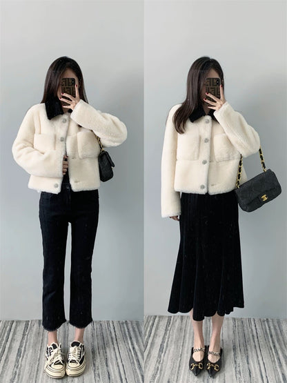 Ear lapel 2022 autumn and winter small fragrant sheep shearling lamb short grain fur coat fur one-piece female A074