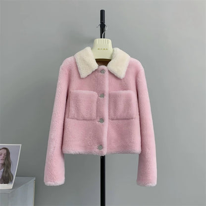 Ear lapel 2022 autumn and winter small fragrant sheep shearling lamb short grain fur coat fur one-piece female A074