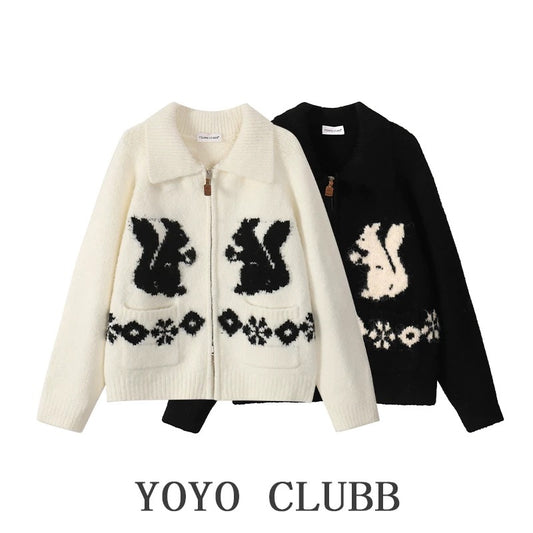 YOYO CLUBB soft waxy retro lapel sweater jacket autumn and winter large size lazy style loose knitted cardigan top