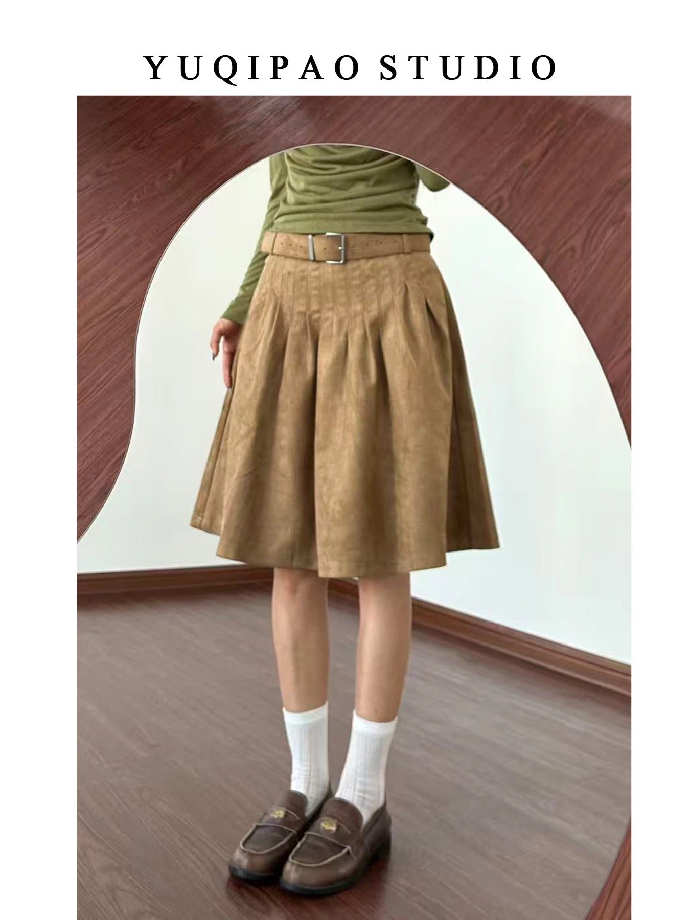 Plus-size suede midi skirt in brown, high-waisted, A-line, pleated, five-point length, perfect for autumn and winter.