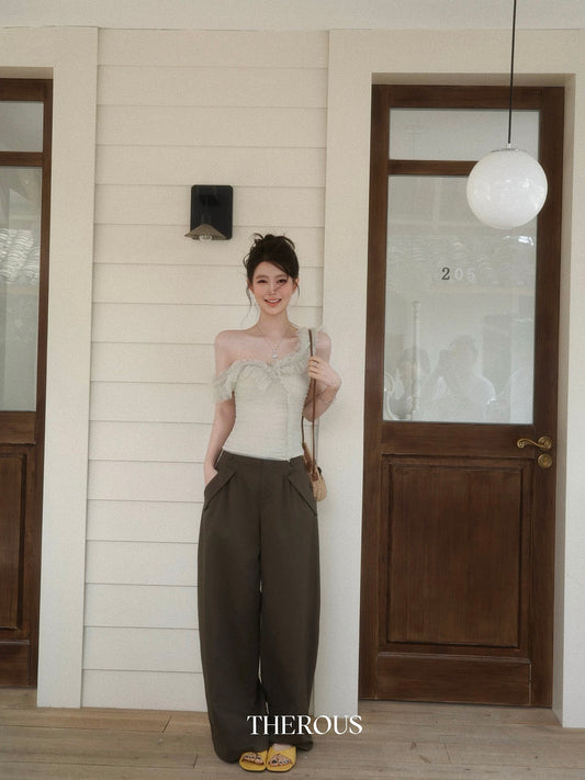 Xie Burou Mesh Off-Shoulder Sleeveless Slim Fit Vest for Women, Summer Style, Three-Dimensional Pleated Design, Lightweight and Breathable Top