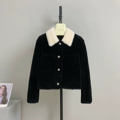 Ear lapel 2022 autumn and winter small fragrant sheep shearling lamb short grain fur coat fur one-piece female A074