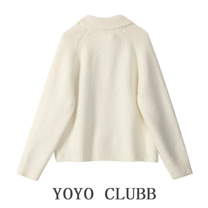 YOYO CLUBB soft waxy retro lapel sweater jacket autumn and winter large size lazy style loose knitted cardigan top