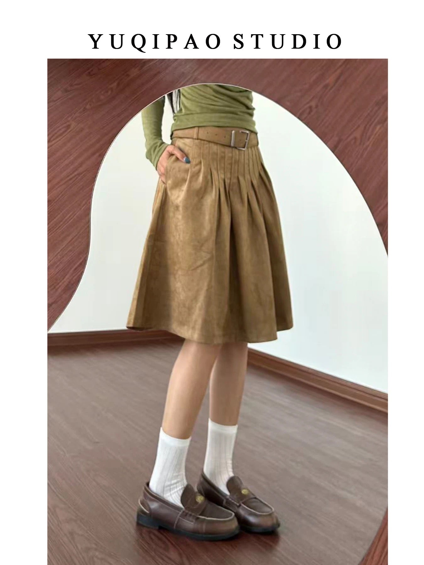 Plus-size suede midi skirt in brown, high-waisted, A-line, pleated, five-point length, perfect for autumn and winter.