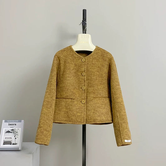 Kiwi French solid color small fragrance style round neck short double-sided woolen coat female autumn and winter temperament coat K019