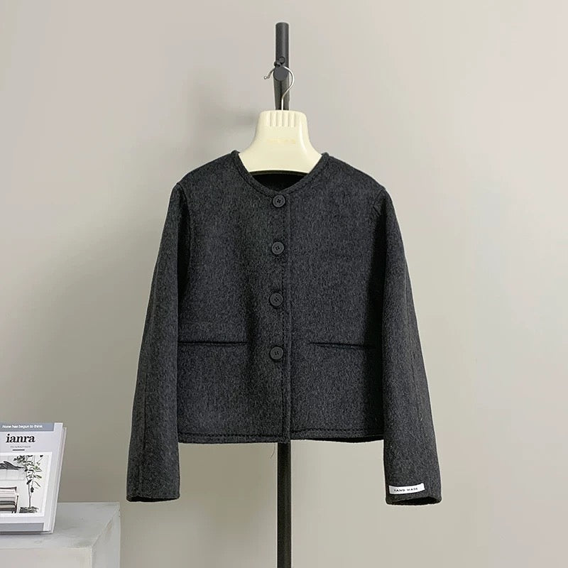 Kiwi French solid color small fragrance style round neck short double-sided woolen coat female autumn and winter temperament coat K019