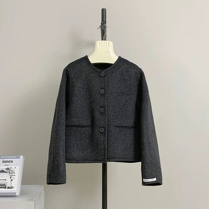 Kiwi French solid color small fragrance style round neck short double-sided woolen coat female autumn and winter temperament coat K019