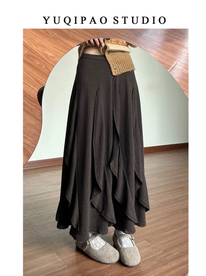 Plus-size women's brown irregular midi skirt, winter slimming A-line skirt with ruffles, long knitted skirt.