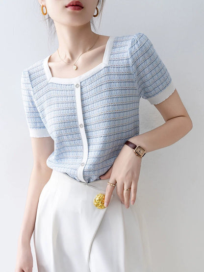 style tops for women 2025 new hot summer striped square collar design unique and beautiful short-sleeved T-shirt