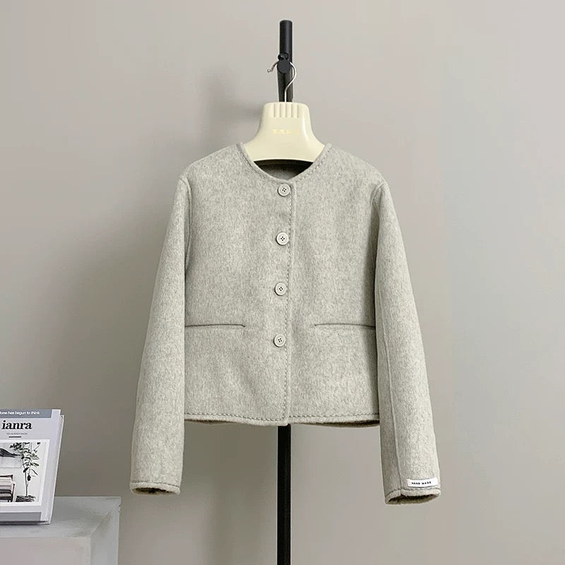 Kiwi French solid color small fragrance style round neck short double-sided woolen coat female autumn and winter temperament coat K019