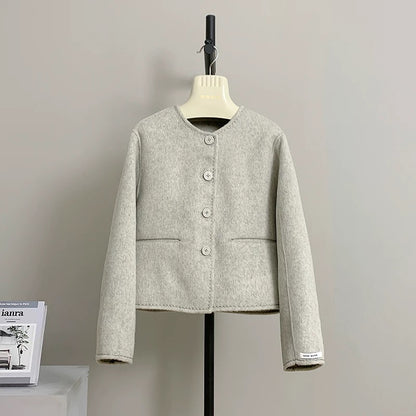 Kiwi French solid color small fragrance style round neck short double-sided woolen coat female autumn and winter temperament coat K019