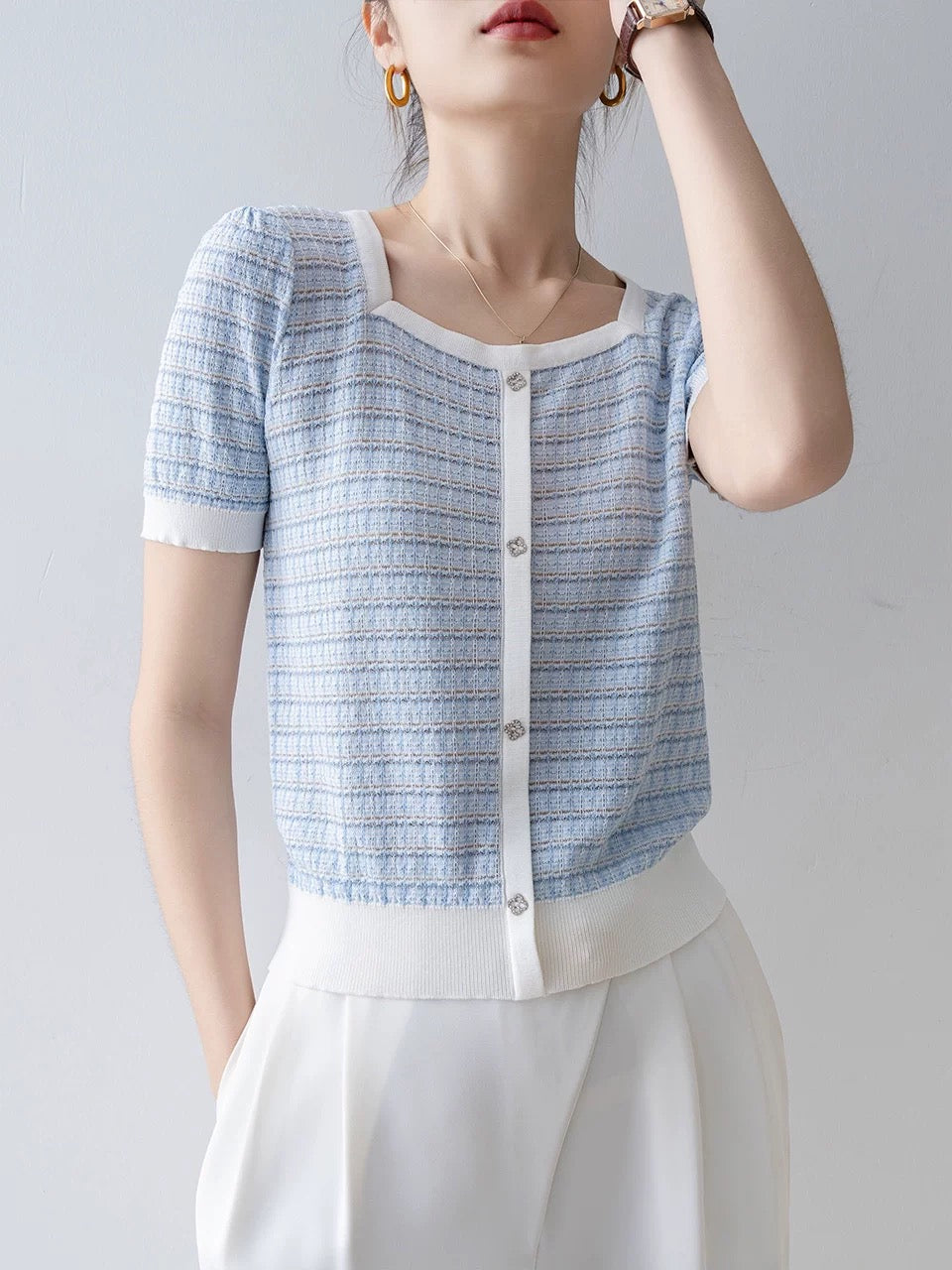 style tops for women 2025 new hot summer striped square collar design unique and beautiful short-sleeved T-shirt