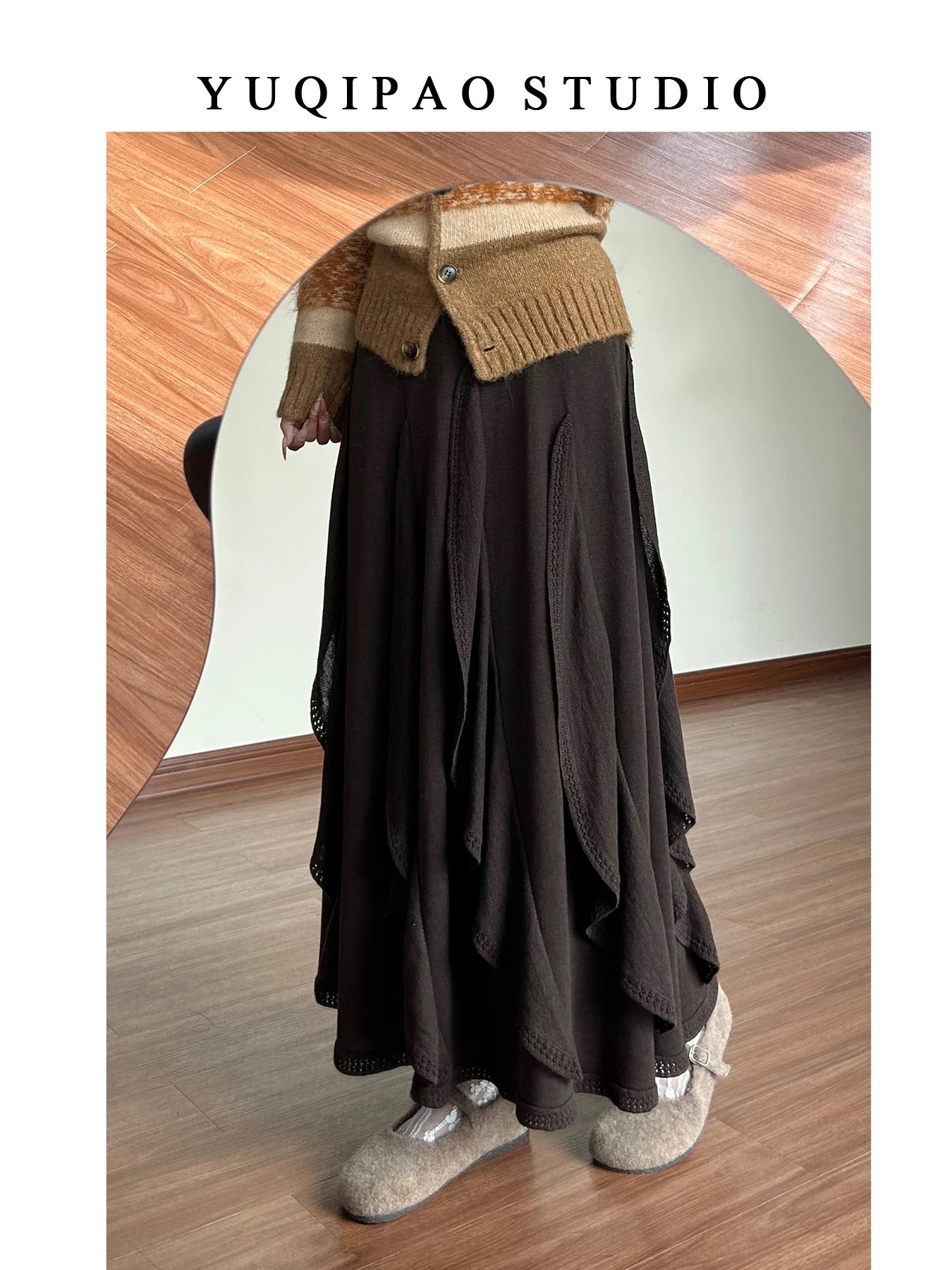 Plus-size women's brown irregular midi skirt, winter slimming A-line skirt with ruffles, long knitted skirt.