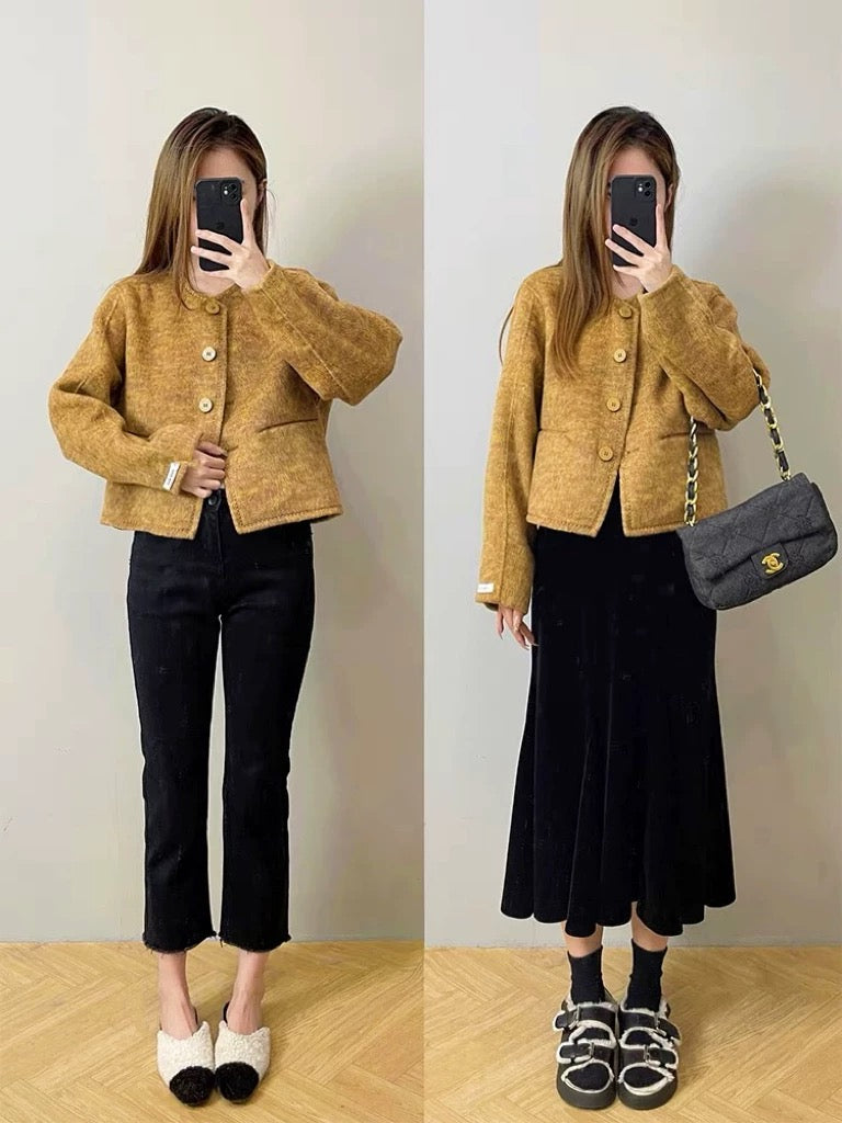 Kiwi French solid color small fragrance style round neck short double-sided woolen coat female autumn and winter temperament coat K019