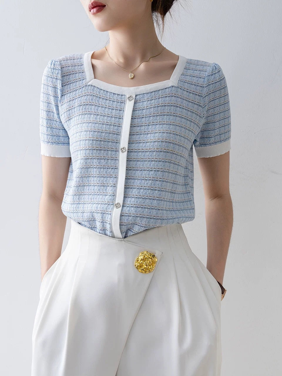 style tops for women 2025 new hot summer striped square collar design unique and beautiful short-sleeved T-shirt