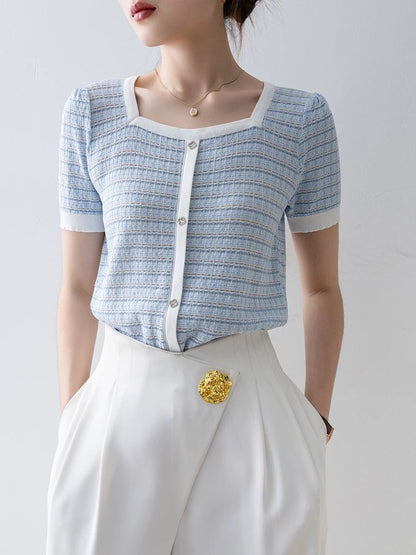 style tops for women 2025 new hot summer striped square collar design unique and beautiful short-sleeved T-shirt