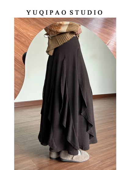 Plus-size women's brown irregular midi skirt, winter slimming A-line skirt with ruffles, long knitted skirt.