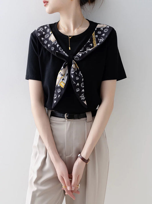 Black round neck short-sleeved T-shirt for women summer 2025 new high-end European goods fake two-piece stitching unique super good-looking top