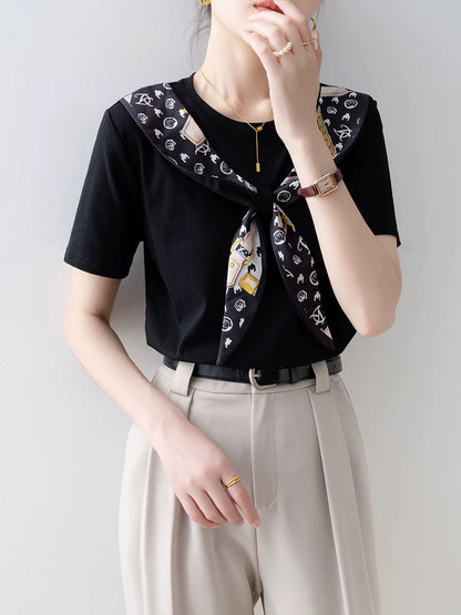Black round neck short-sleeved T-shirt for women summer 2025 new high-end European goods fake two-piece stitching unique super good-looking top
