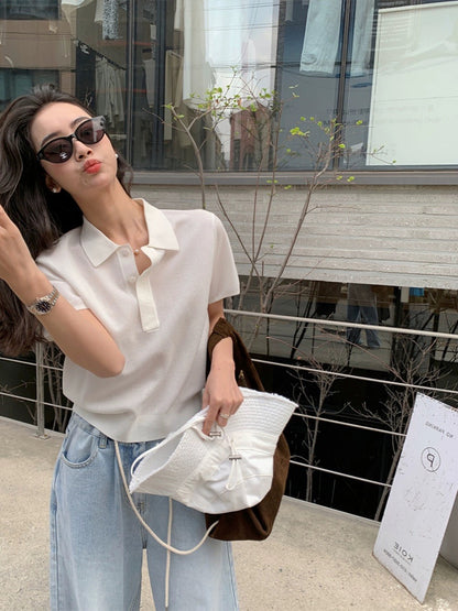 DORACTR is featured in this issue! Right shoulder knitted short-sleeved t-shirt women's top summer new white polo shirt