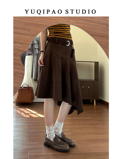 Plus-size suede midi skirt in brown for autumn and winter, A-line style, irregular length.