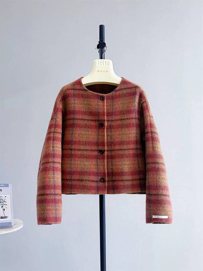Rotten Tomatoes Autumn Loose Round Neck Plaid Woolen Coat Women's Short Double-faced Wool Plush Coat K541