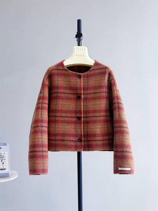 Rotten Tomatoes Autumn Loose Round Neck Plaid Woolen Coat Women's Short Double-faced Wool Plush Coat K541