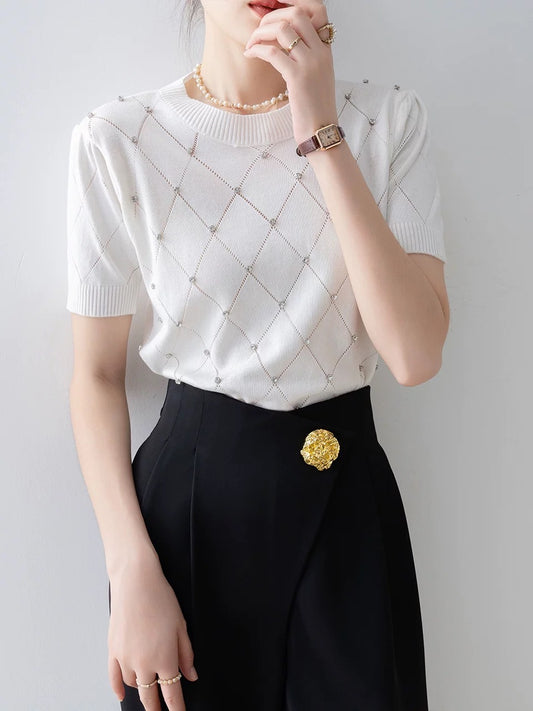 Hollow diamond ice silk knit sweater short-sleeved women's clothing 2025 new summer white round neck thin small style top