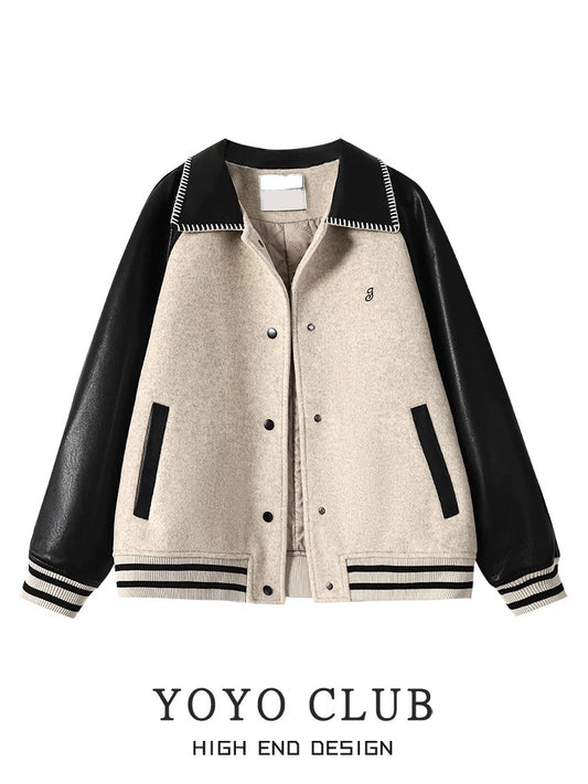 YOYO CLUB large size American retro thickened baseball uniform autumn college style loose contrasting color splicing short jacket
