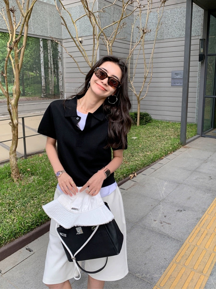 DORACTR is featured in this issue! Right shoulder knitted short-sleeved t-shirt women's top summer new white polo shirt