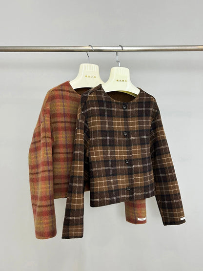Rotten Tomatoes Autumn Loose Round Neck Plaid Woolen Coat Women's Short Double-faced Wool Plush Coat K541