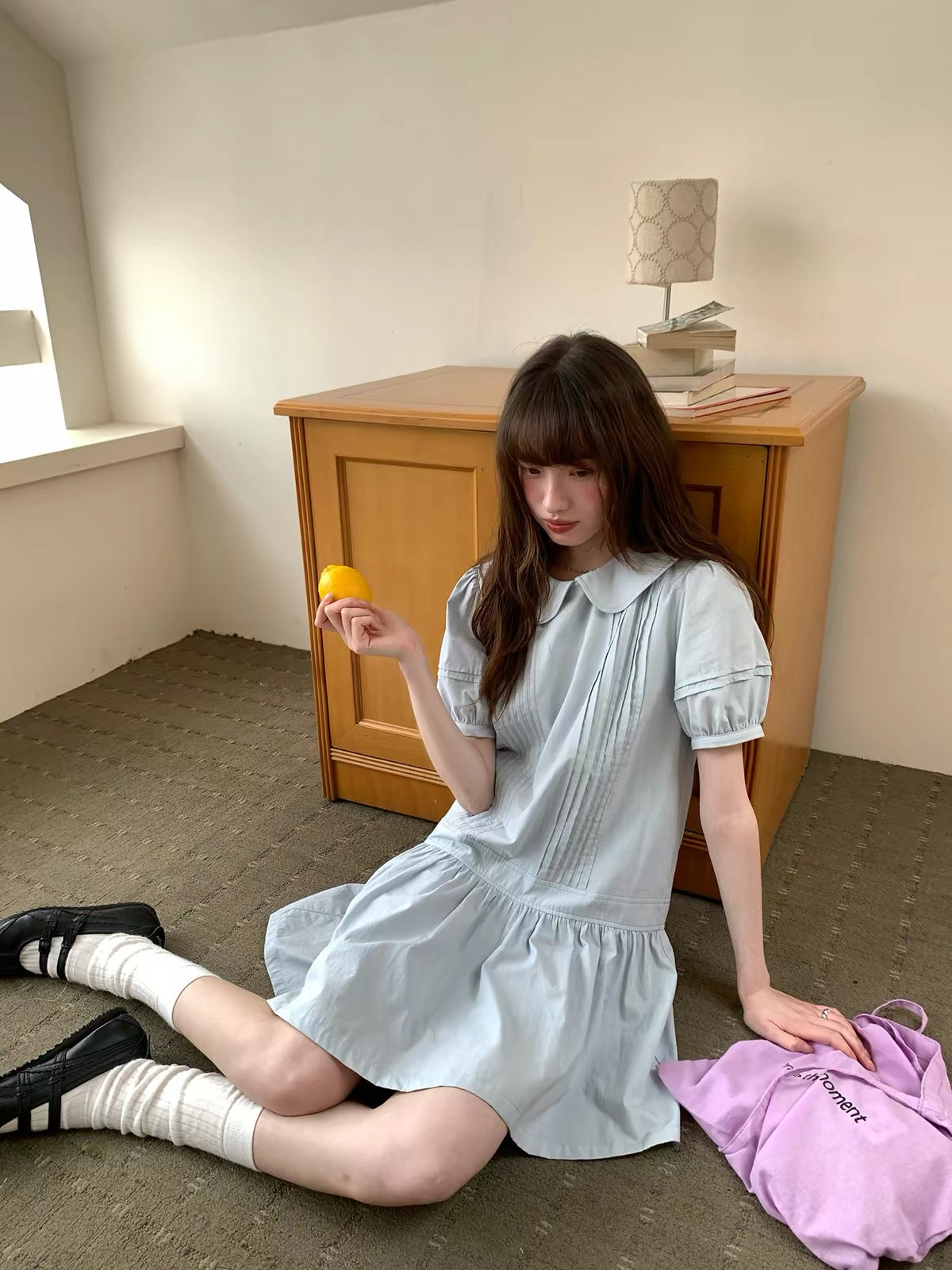 RAINY Sweet Preppy-Style Solid-Color Dress: Featuring a Peter Pan collar, puff sleeves, and a pleated panel skirt—a youthful, short-length design.