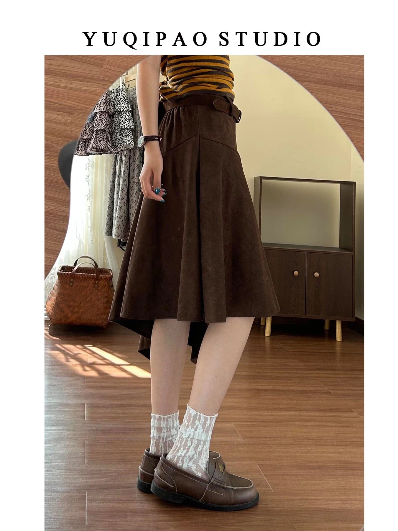 Plus-size suede midi skirt in brown for autumn and winter, A-line style, irregular length.