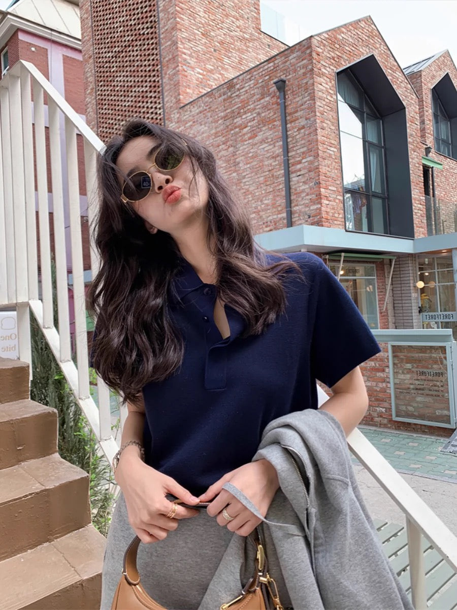 DORACTR is featured in this issue! Right shoulder knitted short-sleeved t-shirt women's top summer new white polo shirt