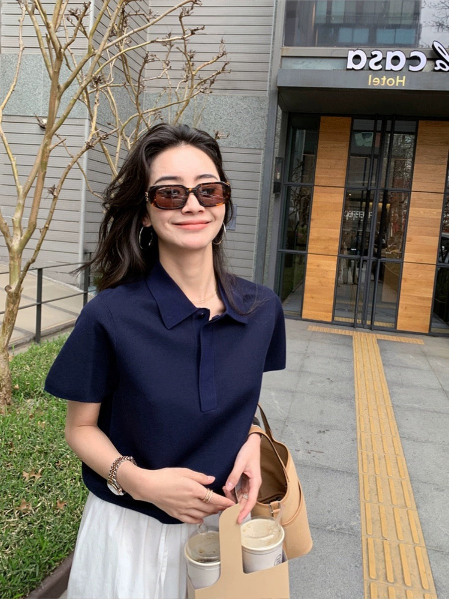 DORACTR is featured in this issue! Right shoulder knitted short-sleeved t-shirt women's top summer new white polo shirt