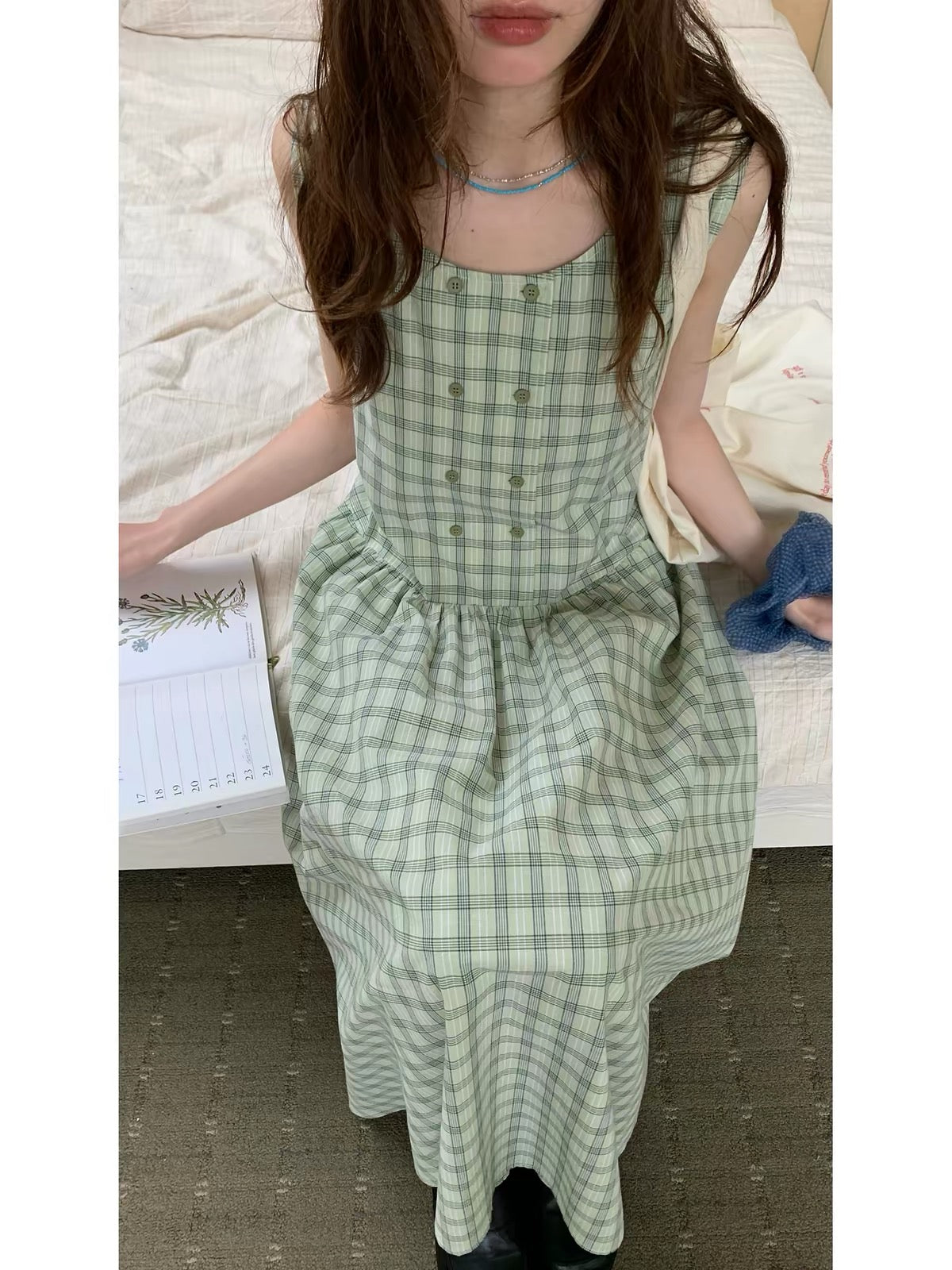 RAINY "Forest-style" Plaid Double-Breasted Pinafore Dress – Sleeveless, Loose-Fit, Paneled Plaid Dress for Summer